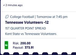 ❗️RISK FREE CHANCE AT $373

1Q SPREAD - KENT ST @ TEN

FanDuel   Kent St +13.5  +124
Fliff            Ten -12               -115

If Tennesse wins the 1Q by 13 pts, we win $373 🤑

Found with the <a href="/OddsJam/">OddsJam.com</a> middles tool!

Get your 7-day free trial TODAY! 👇

oddsjam.com/?ref=evensteve…