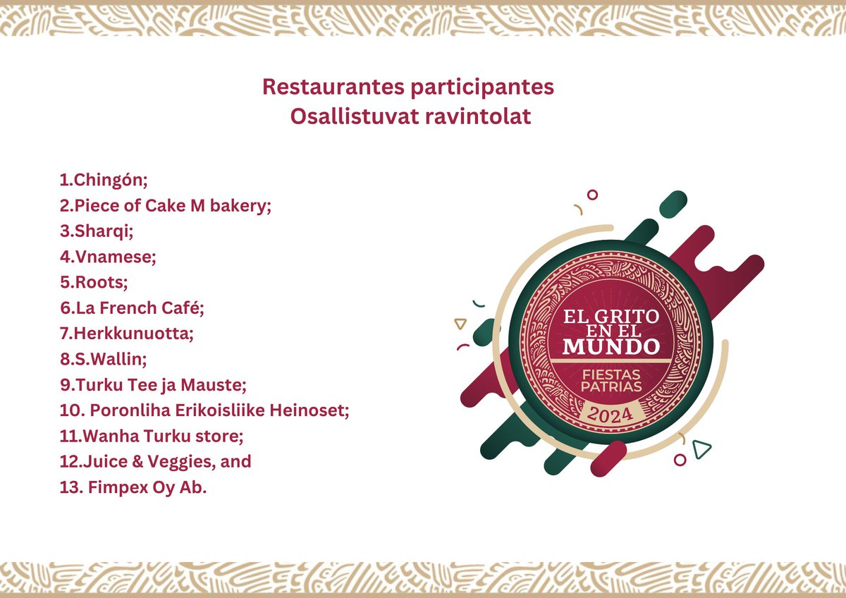 📢Programa de actividades del Aniversario de la Independencia de México en el Kauppahalli de Turku (15/sep/24)

📢Meksikon itsenäisyyspäivän ohjelma Turun kauppahallissa (15.9.2024)