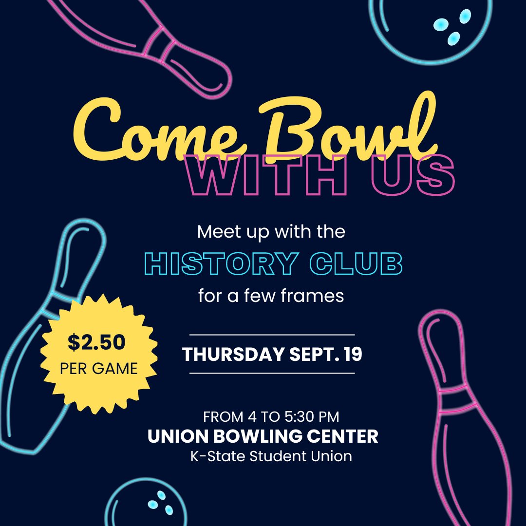 The History Club is hosting its first get-together of the semester, come join us at the Student Union next Thursday for some bowling! #Histocats

📅 Thursday, September 19
⏳ 4-5:30pm
📍 Union Bowling Center