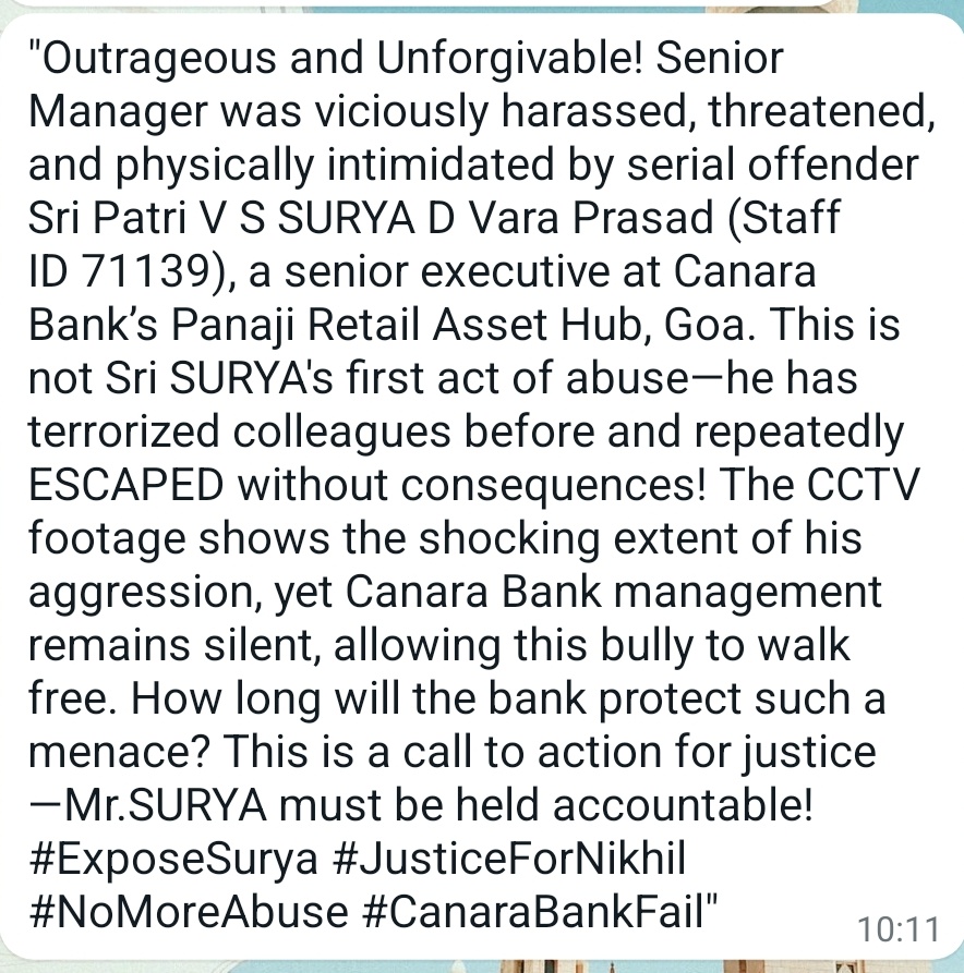 gsm2208's tweet photo. Serial offender Sri SURYA strikes again, harassing a Senior Manager at Canara Bank! How long will Canara Bank protect this bully? It's time for justice! https://t.co/3g1O9xC2KS