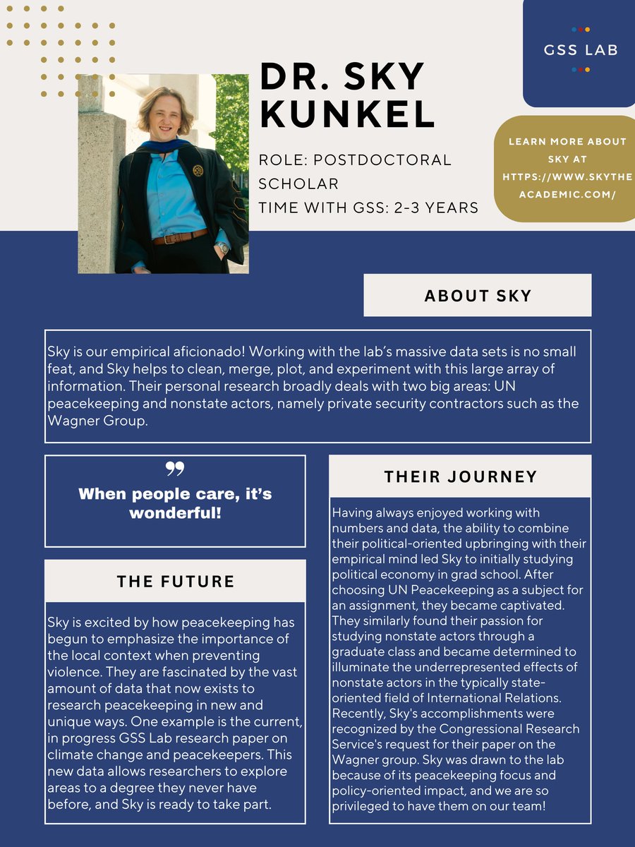 Gender and the Security Sector Lab (@gsslab) on Twitter photo Next up in our Staff Spotlight Series... Sky Kunkel (<a href="/skytheacademic/">Sky Kunkel (they/them)</a>)!! Sky is another one of our highly qualified job market candidates.
For those in the Ithaca area, Sky will also be giving a talk as part of the <a href="/cornellgov/">Cornell Government</a> PSAC seminars Sept. 16, 12:15-1:30 PM in Sibley 208! Next up in our Staff Spotlight Series... Sky Kunkel (<a href="/skytheacademic/">Sky Kunkel (they/them)</a>)!! Sky is another one of our highly qualified job market candidates.
For those in the Ithaca area, Sky will also be giving a talk as part of the <a href="/cornellgov/">Cornell Government</a> PSAC seminars Sept. 16, 12:15-1:30 PM in Sibley 208!