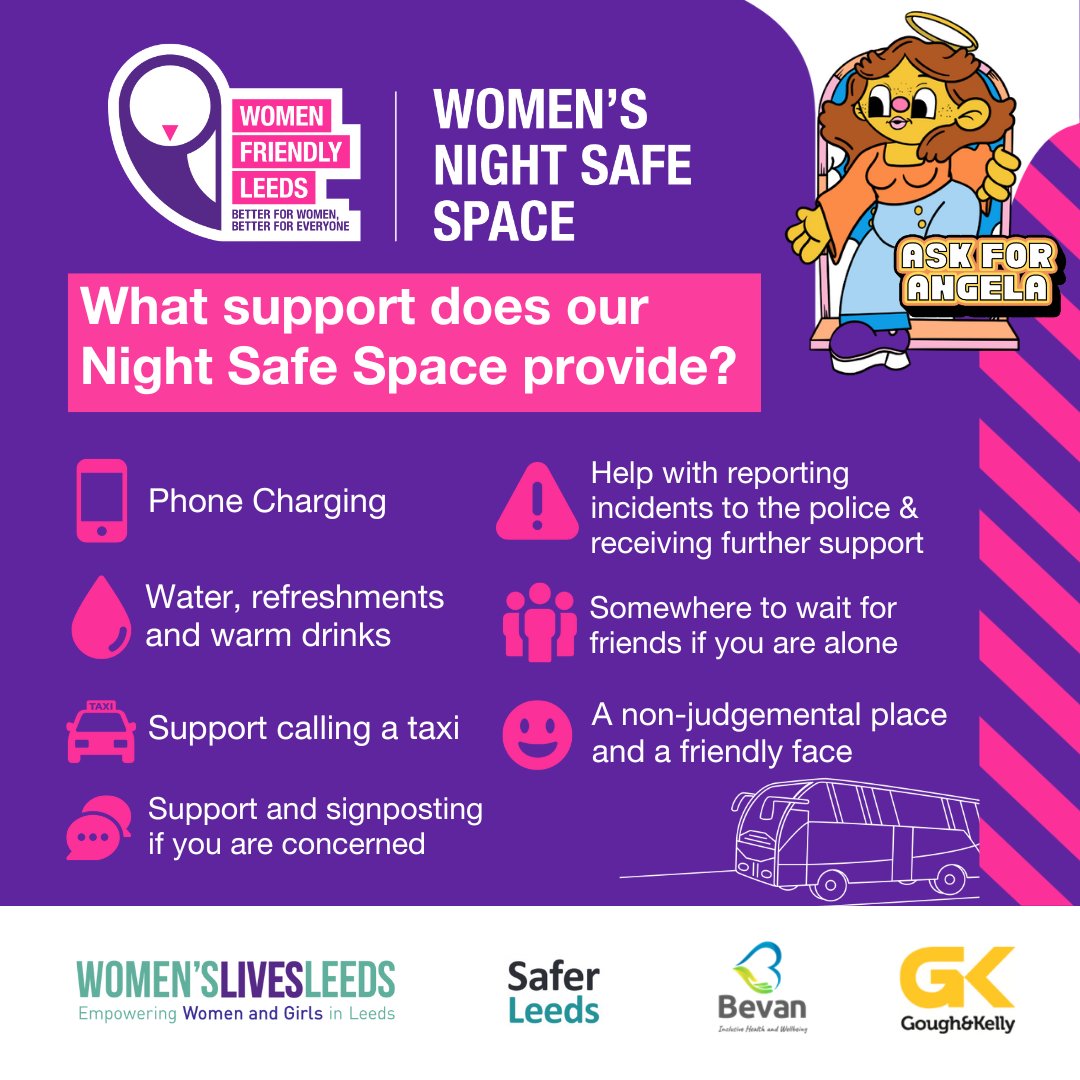 With Freshers just around the corner we’re about to be welcoming new &amp; returning students to Leeds! Help shout about Women’s Night Safe Space, pop it in your group chats, share this post, &amp; help women &amp; girls to find out about support available to help them be safe &amp; feel safe!