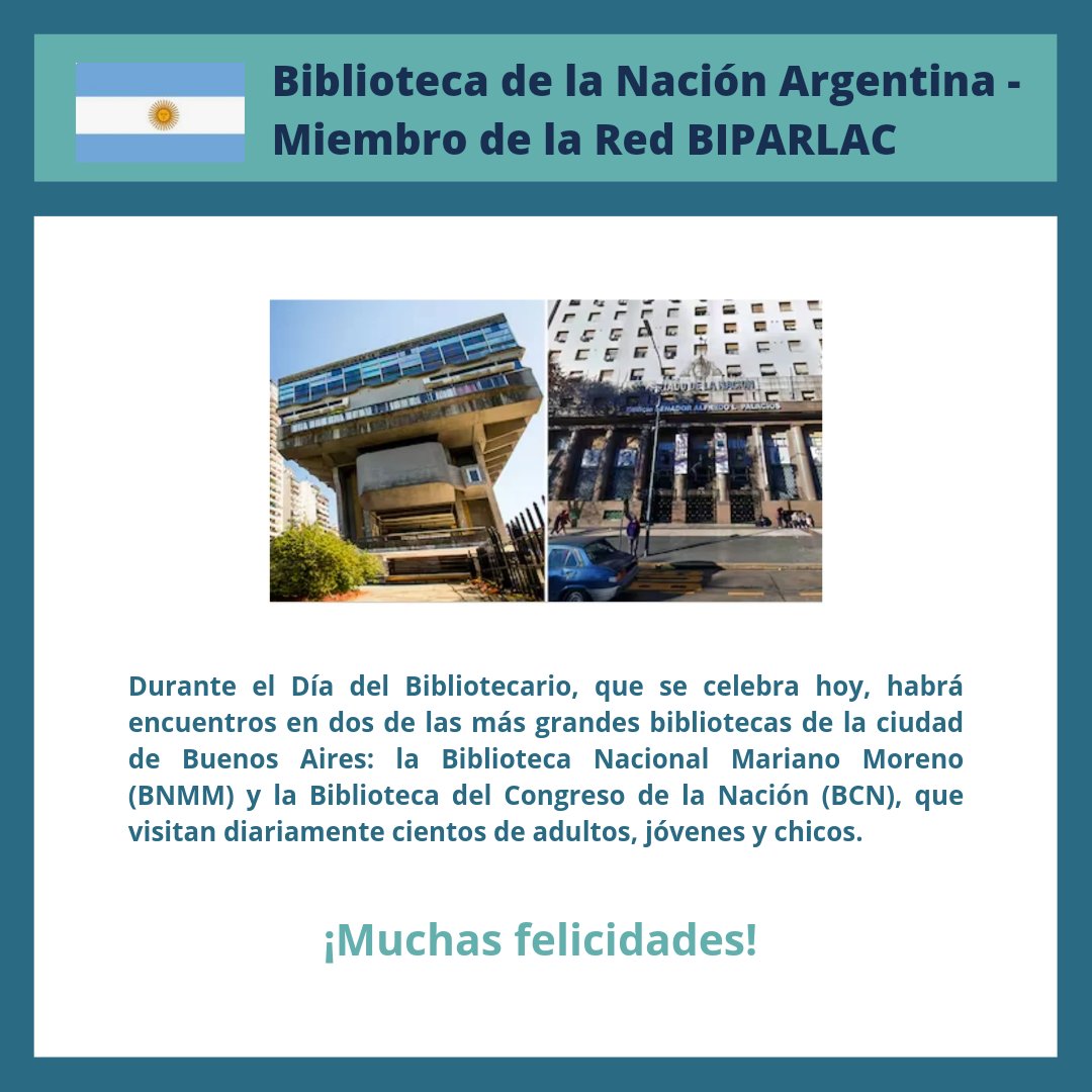 Muchas felicidades a nuestros colegas argentinos, en especial a los compañeros de la <a href="/BCNArgentina/">Biblioteca del Congreso</a>, miembros de nuestra Red <a href="/biparlac/">Red Biparlac</a>. 

#BibliotecariosArgentinos
#BibliotecasParlamentarias
#AméricaLatinayElCaribe