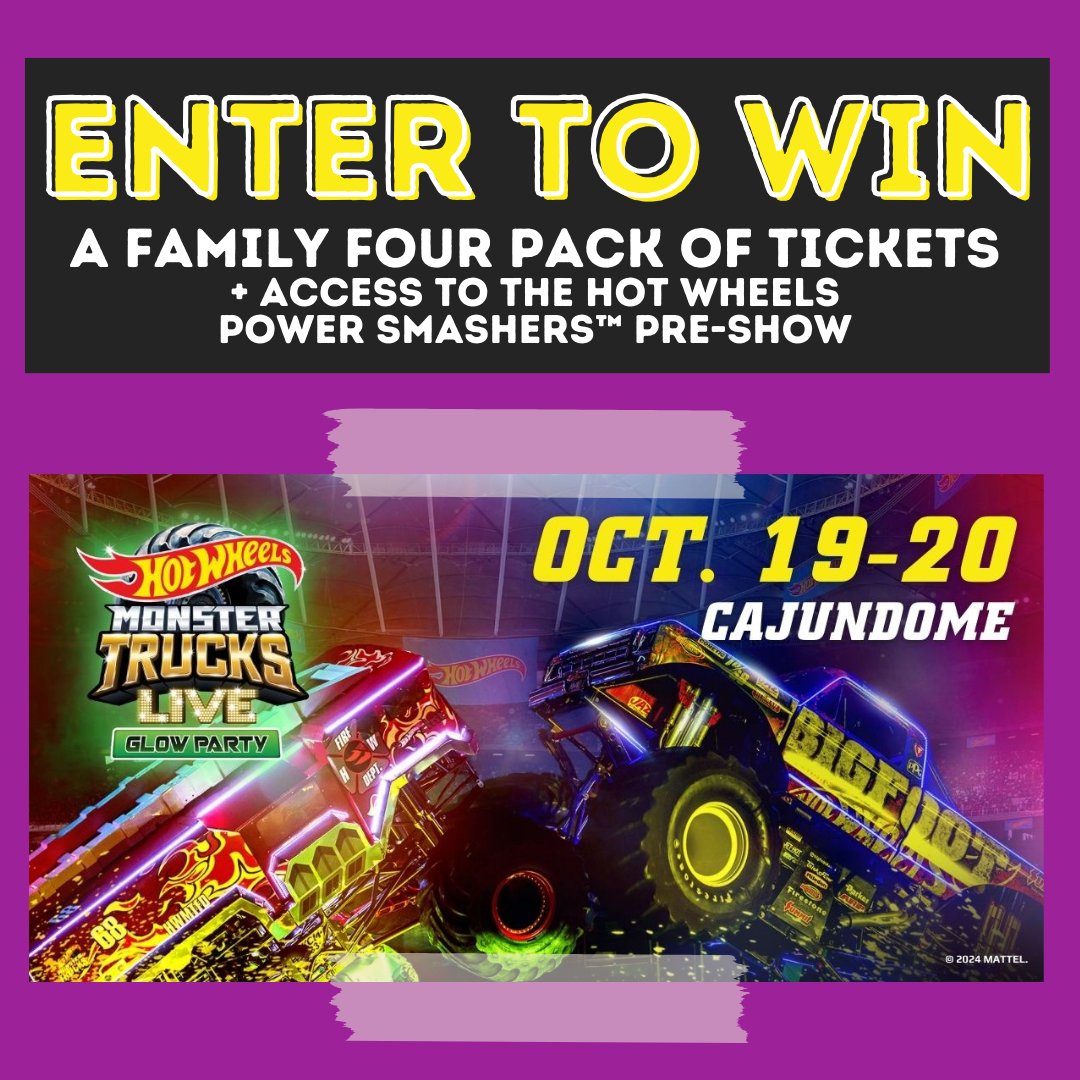 🎟️ENDING SOON🎟️

Hot Wheels Monster Trucks LIVE Glow Party will be at the #CAJUNDOME for the first time ever, 10.19-10.20!

Enter to win a Family Four Pack of Tix + access to the Hot Wheels Power Smashers™ Pre-Show - woobox.com/365pxq