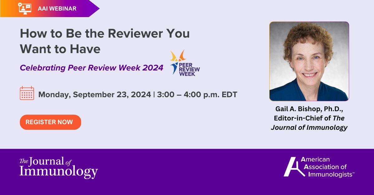 J_Immunol's tweet photo. Discover the power of peer review! In honor of 2024 #PeerReview week, Dr. Gail Bishop, EIC of #TheJI will present a webinar on the best practices for peer review. @ImmunologyAAI @J_Immunol 
Register here 👉https://t.co/3HEMdMFa8H https://t.co/Tul2hNCZjw
