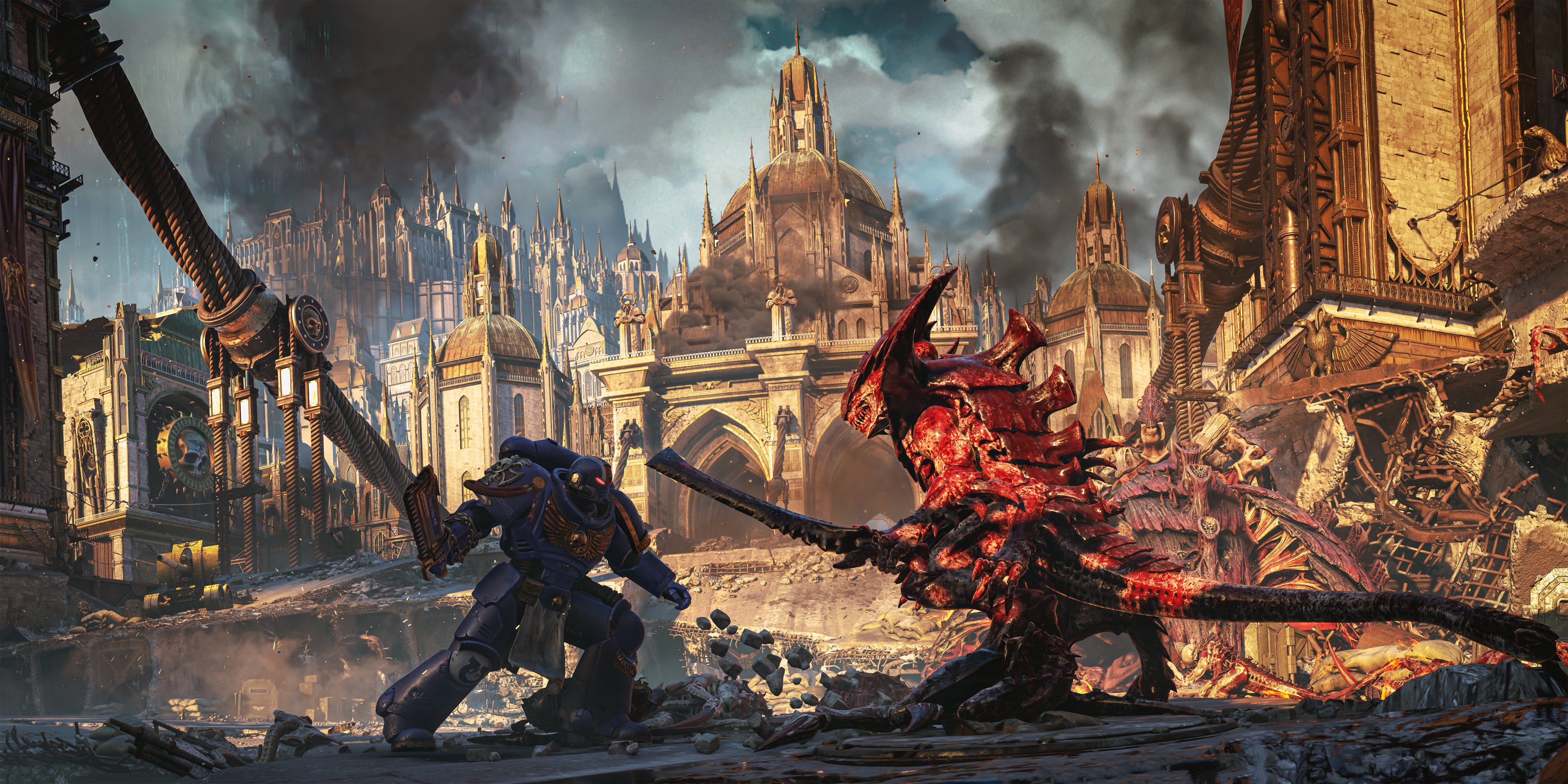 Screenshot from Space Marine 2. A Space Marine is about to strike a blow at a Tyranid Warrior with his sword. Both the Tyrnanid Warrior and the Space Marine are standing face to face. 