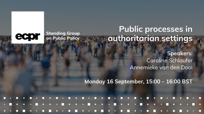 📢👨‍💻 This Monday in <a href="/ECPR_PublicPol/">ECPR Standing Group on Public Policy</a> #ECPRSeminars ⤵️
🗣️ <a href="/CSchlaufer/">Caroline Schlaufer</a> &amp; <a href="/PubPolicyChina/">Dr. Annemieke van den Dool</a>
 will present findings from a systematic review of studies applying policy process frameworks and theories in authoritarian settings.
💻 16 Sep, 15:00–16:00 BST ecpr.eu/Events/254