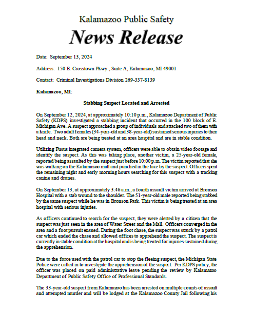 KalPublicSafety's tweet photo. 𝗡𝗘𝗪𝗦 𝗥𝗘𝗟𝗘𝗔𝗦𝗘: KDPS arrested the suspect involved in an assault and multiple stabbings on September 12 and 13. More details in the images below.

#KDPS #Stabbing #Arrest #PublicSafety https://t.co/QoQX5jOBeC