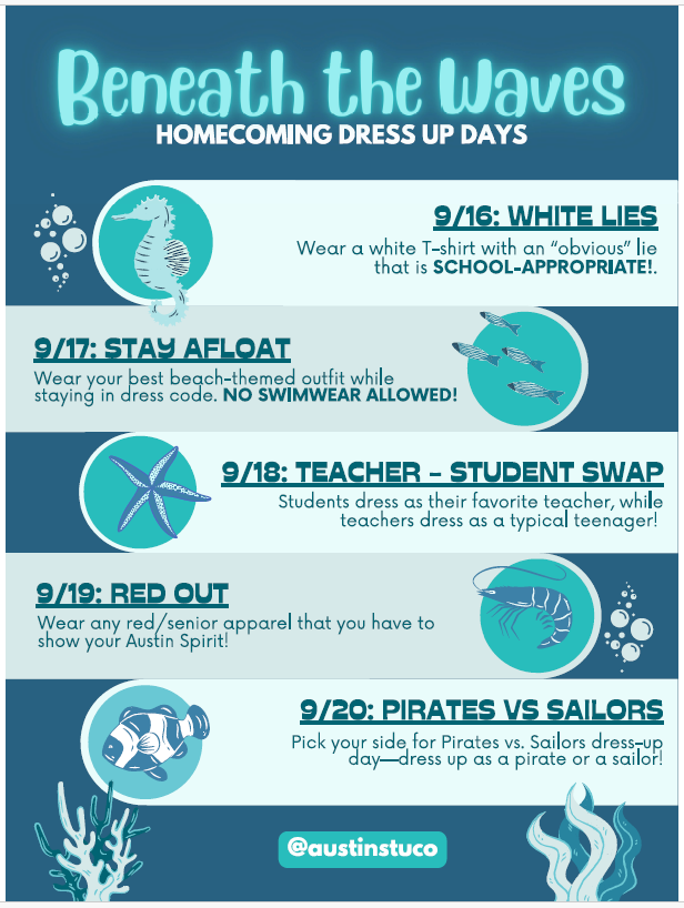 ahsclassof2028's tweet photo. Guess what, Bulldogs? Next week is HoCo Spirit Week! Get ready to make a splash with these fin-tastic dress-up days at school!  We'll see you Beneath the Waves! 🏖️🏄‍♀️🐟🪼
#ahsbulldogs #homecoming #beneaththewaves #allinforaustin #classof2028 #ahsclassof2028 #hoco #dawgnation https://t.co/36aeudvZIA
