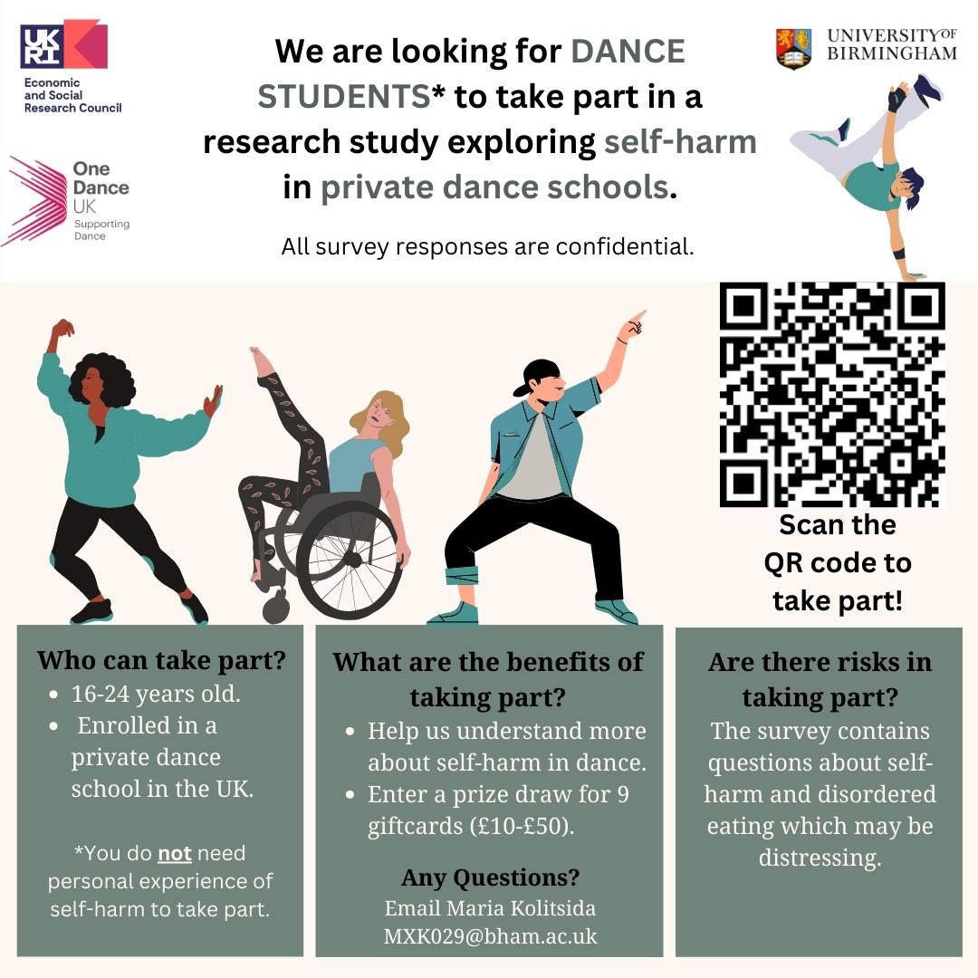 Maria Kolitsida (she/her) (@mkolitsida) on Twitter photo Recruitment is open for my final PhD study and we are looking for both dance teachers and students to participate in the research.
This study is part of a larger collaborative project between the <a href="/unibirmingham/">Uni of Birmingham</a> and <a href="/onedanceuk/">One Dance UK</a> investigating self-harm in private dance education. Recruitment is open for my final PhD study and we are looking for both dance teachers and students to participate in the research.
This study is part of a larger collaborative project between the <a href="/unibirmingham/">Uni of Birmingham</a> and <a href="/onedanceuk/">One Dance UK</a> investigating self-harm in private dance education.