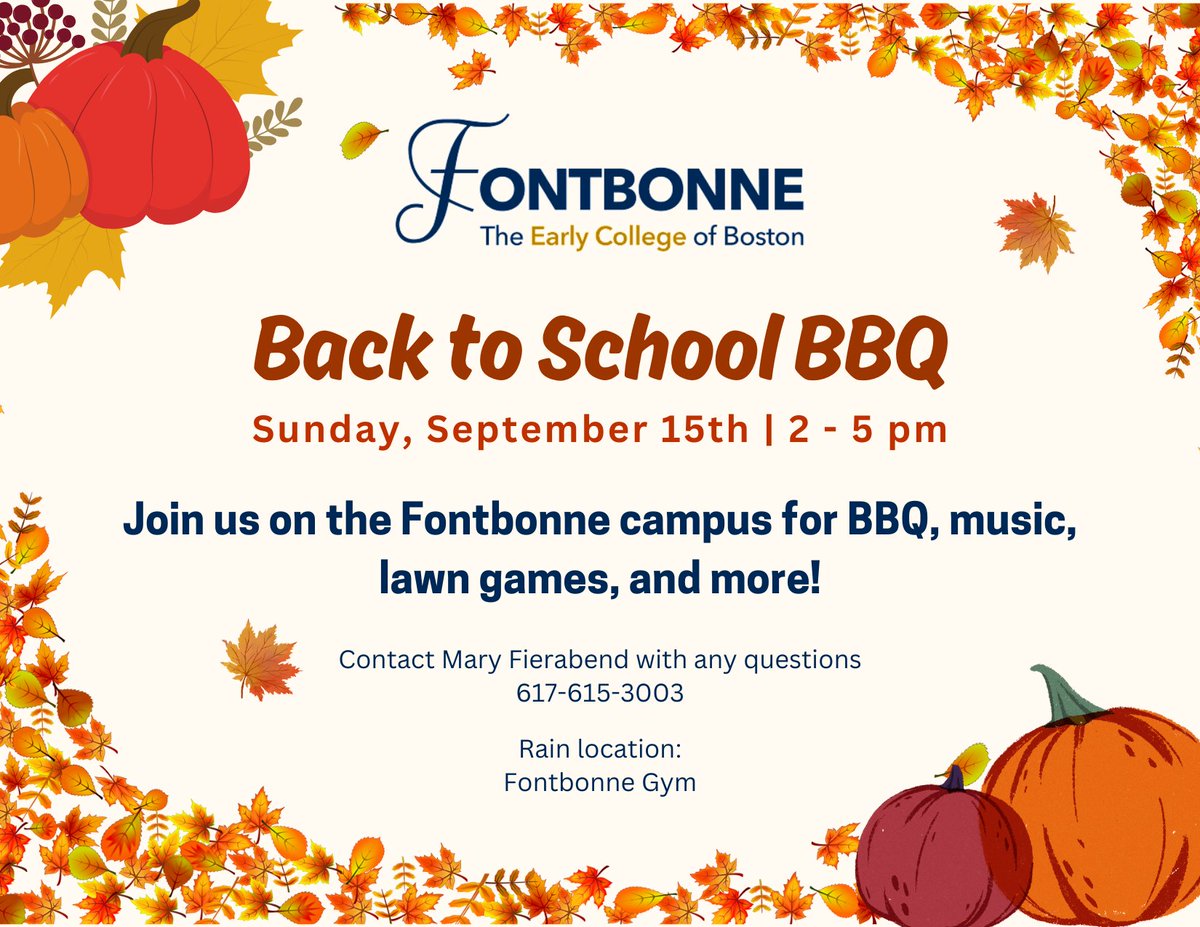 This Sunday, September 15th from 2-5pm, we will be hosting our Back to School BBQ! Come join us for some fun and get to know the Fontbonne community!