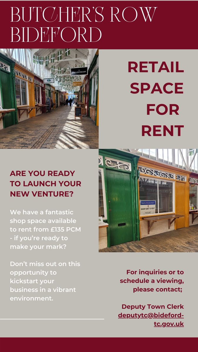 📷📷**Shop Space Available for Rent in Butcher's Row, Bideford Pannier Market – Perfect for Start-Up or small retail Businesses!** 📷📷

#bidefordtowncouncil #bideford #northdevon #shopspace #butchersrow #retail #startup #business