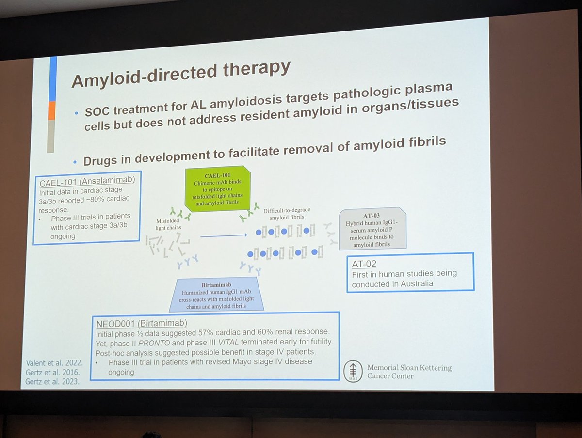 📍AL amyloidosis - 50-60% renal involvement, Dara based Rx - Kidneys take time to recover.

➡️ Newer immunotherapeutic approaches, bispecific abs, amyloid directed Rx in development.

#MSKOncoNephCME <a href="/onconephsociety/">American Society of Onconephrology</a>