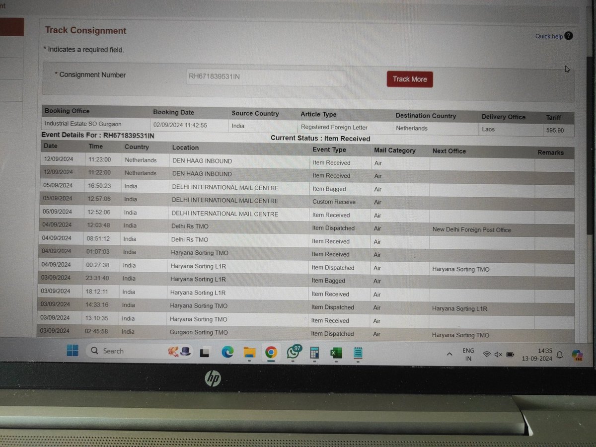 SKK43192575's tweet photo. My mail to RH671839531IN is to Lao PDR (Laos) and the mail is in Netherlands after 10 days time. What exactly is going on?? Kindly let me know. @IndiaPostOffice @cpmgdelhi https://t.co/e38tII8q5W