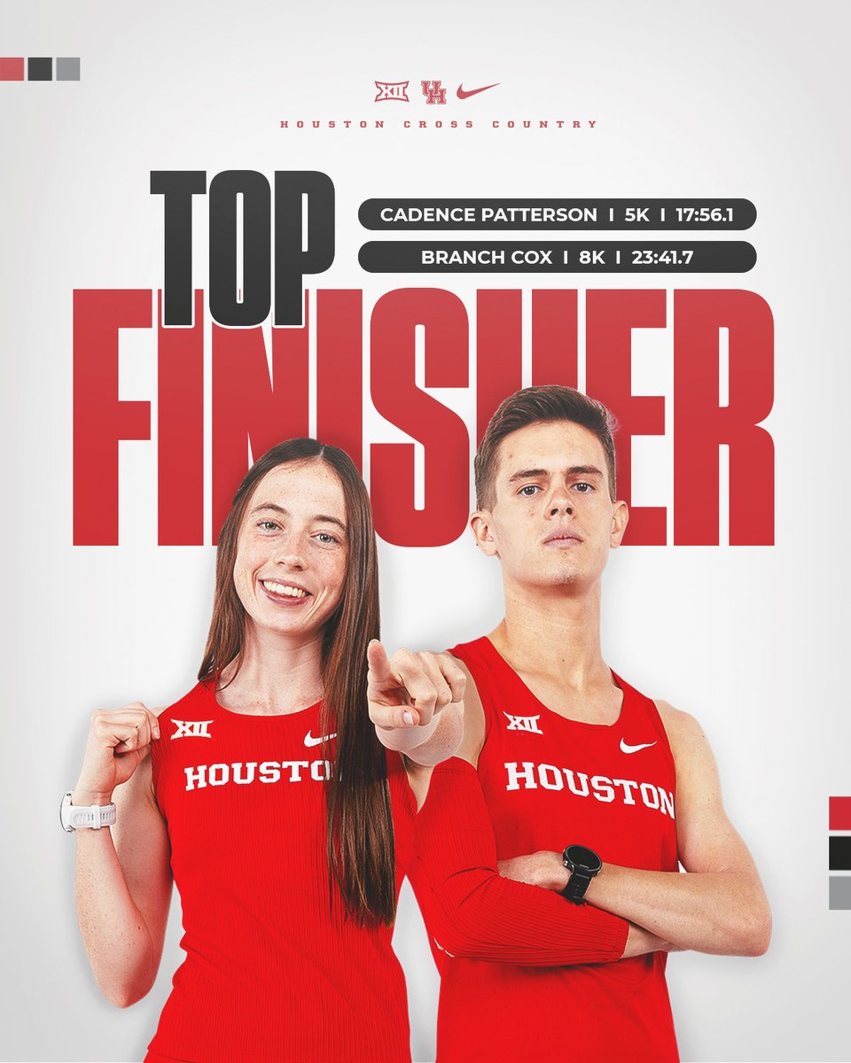 Our top finishers this morning at the Texas A&amp;M Invitational!

♦️Branch Cox: Fourth place and a new personal best time (men's 8k, 23:41.7) 
♦️Cadence Patterson: 19th place (women's 5k, 17:56.1)

Team scores
♦️Men: Third place
♦️Women: Seventh place

#HTownSpeedCity x #GoCoogs