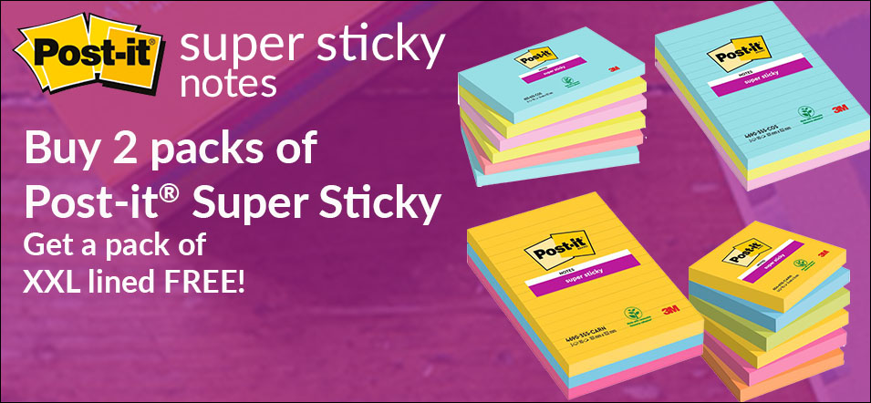 Get Your Message to Stick with Super Sticky Post-it Notes!

Buy 2 packs of 6 Post-it® Super Sticky Cosmic or Carnival Colours and get a pack of 6 Post-it Super Sticky XXL Lined Notes Cosmic Colours FREE

Whilst stocks last: tinyurl.com/2nxw8w4t