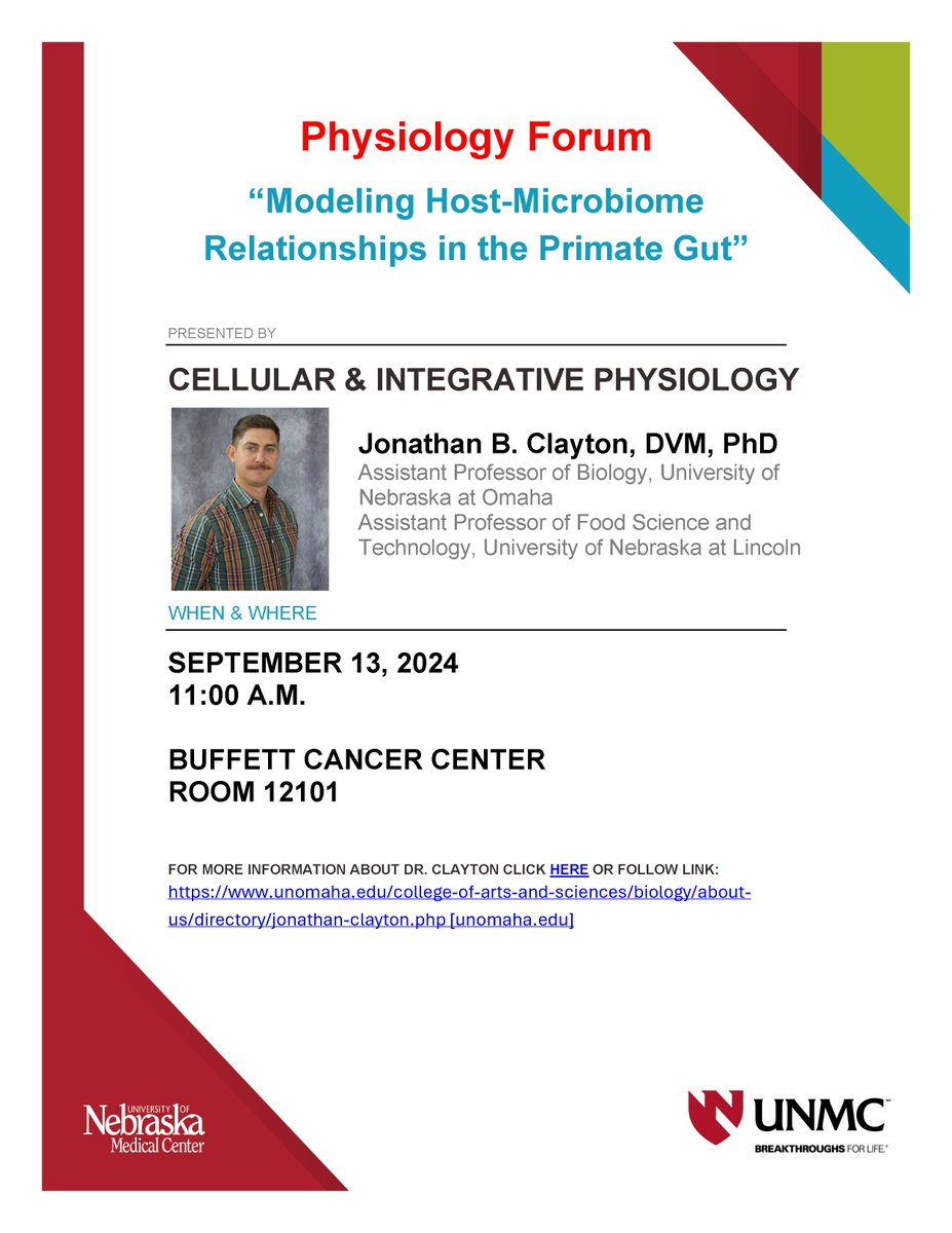 UNMC Physiology (@unmc_physiology) on Twitter photo Join us at the Physiology Forum today at 11:00 a.m. Dr. Jonathan Clayton will be presenting "Modeling Host-Microbiome Relationships in the Primate Gut"
@Gundrylab <a href="/UNMC_CHVR/">UNMC Center for Heart and Vascular Research</a> Join us at the Physiology Forum today at 11:00 a.m. Dr. Jonathan Clayton will be presenting "Modeling Host-Microbiome Relationships in the Primate Gut"
@Gundrylab <a href="/UNMC_CHVR/">UNMC Center for Heart and Vascular Research</a>