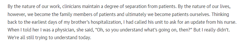 Moving article in <a href="/JAMA_current/">JAMA</a> from a clinician experiencing hospital care as a family member - well worth a read: jamanetwork.com/journals/jama/…