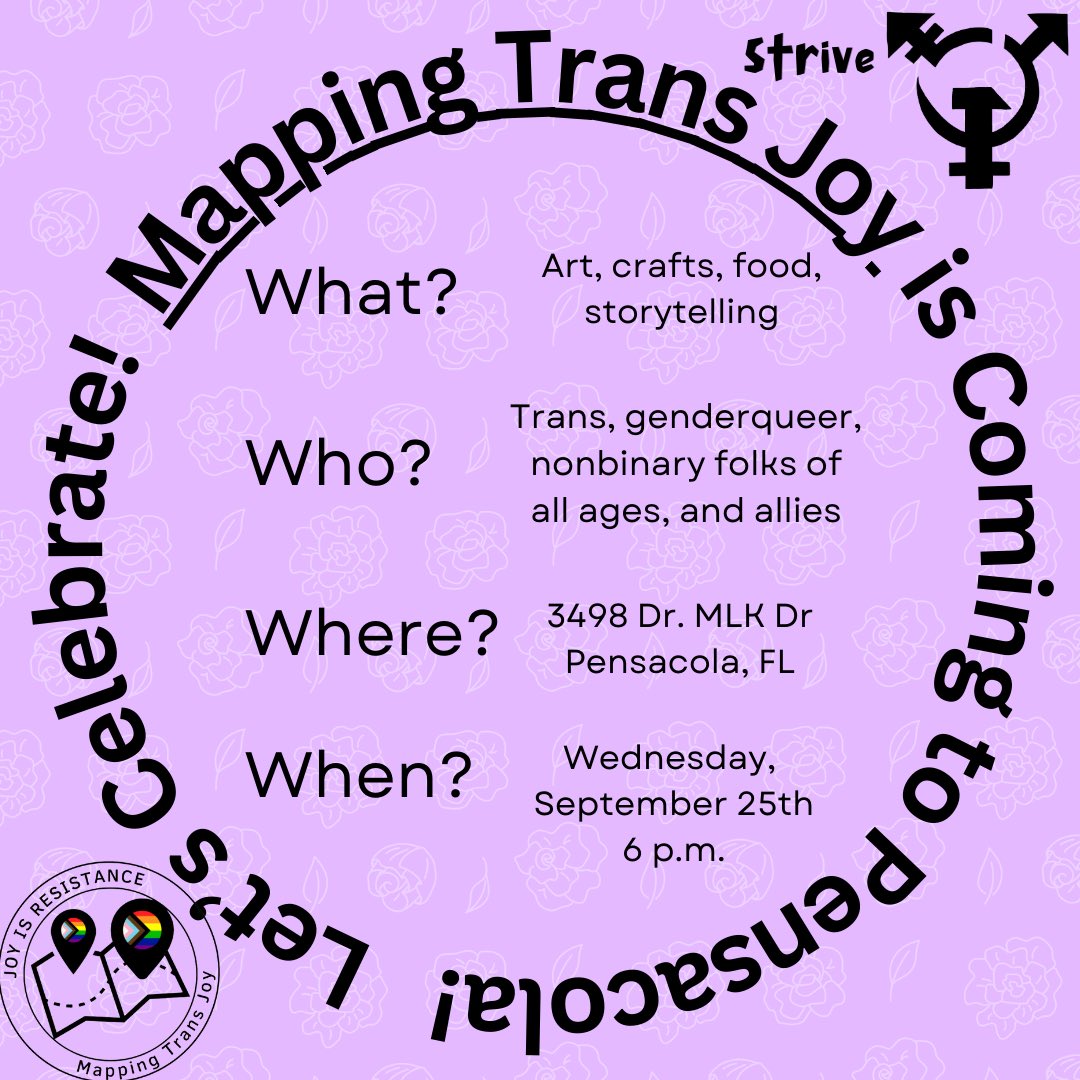 MappingTransJoy's tweet image. #Pensacola friends!!! Join us on the 25th for some #arts, #crafts, and #trans-focused #storytelling. So excited to team up with @strivepensacola for this

💜💜🏳️‍⚧️🏳️‍⚧️💜💜🏳️‍⚧️🏳️‍⚧️

#transJoy #fuckYeahTrans