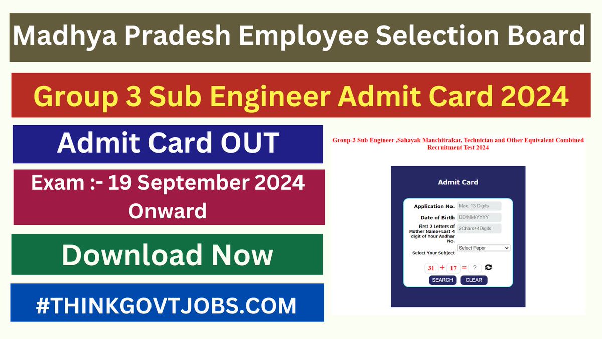 ThinkgovtJobs's tweet image. ✅ MP ESB Group 3 Sub Engineer Admit Card 2024 Out👇

thinkgovtjobs.com/mp-esb-group-3…

#MPESB #AdmitCardDownload #Group3Recruitment #SubEngineerTest #MPRecruitment2024 #ExamPreparation #OnlineAdmitCard #JobAlert