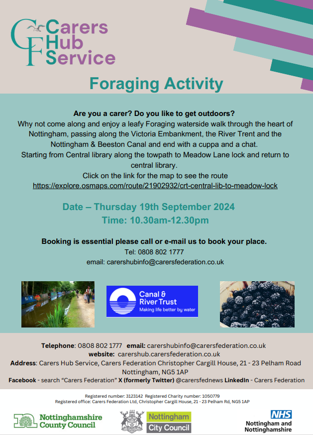 If you are a carer registered with our service in Nottingham/Nottinghamshire and would like to join us for this Foraging Activity - Thurs 19th Sept, please contact us on 0808 802 1777 
#carers #nottinghamcarers #unpaidcarers #canalandrivertrust