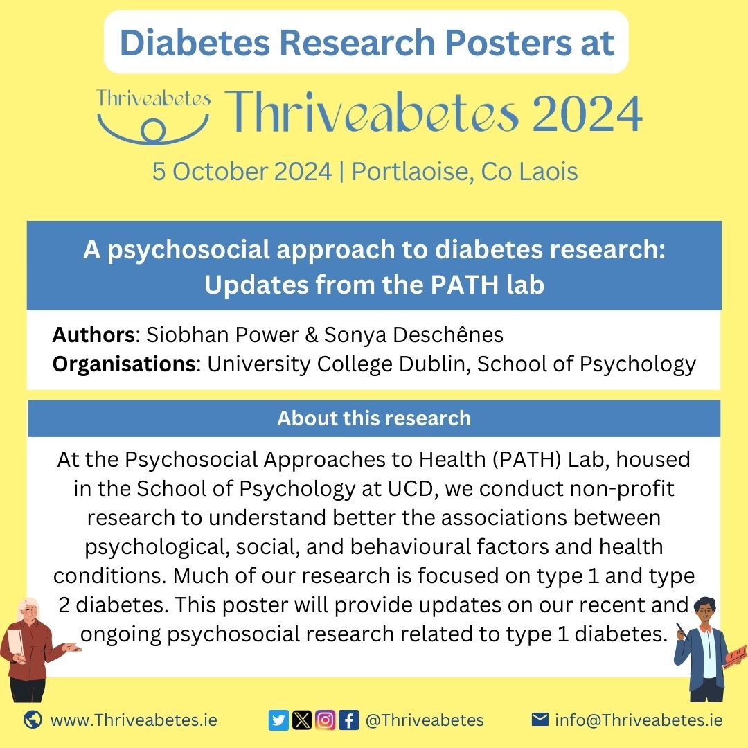 Meet the Diabetes Researchers at Thriveabetes
At Thriveabetes on Saturday, October 5th, in Portlaoise, you will get to talk to Diabetes Researchers about their work, Including:
A psychosocial approach to diabetes research: Updates from UCD's PATH lab
buff.ly/3VYdwI7