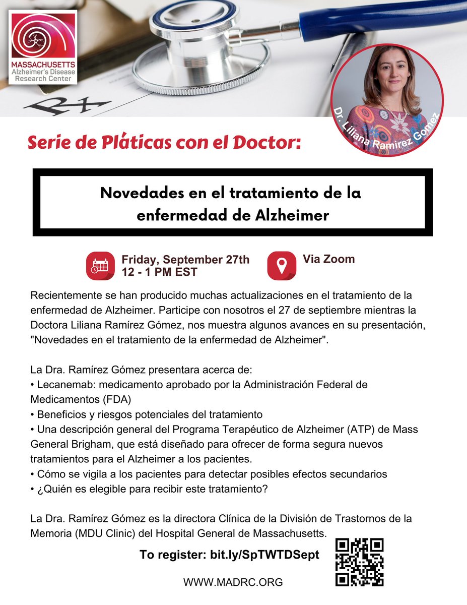 Mass. Alzheimer's Disease Research Center (@adrcmass) on Twitter photo Regístrate para asistir a "Novedades en el tratamiento de la enfermedad de Alzheimer para conocer los últimos medicamentos aprobados por la FDA". Lo invitamos a participar en la plática con <a href="/LRamirezGomezMD/">Liliana Ramirez Gomez, M.D.</a> el viernes 27 de septiembre a las 12 p.m. EST. bit.ly/SpTWTDSept Regístrate para asistir a "Novedades en el tratamiento de la enfermedad de Alzheimer para conocer los últimos medicamentos aprobados por la FDA". Lo invitamos a participar en la plática con <a href="/LRamirezGomezMD/">Liliana Ramirez Gomez, M.D.</a> el viernes 27 de septiembre a las 12 p.m. EST. bit.ly/SpTWTDSept