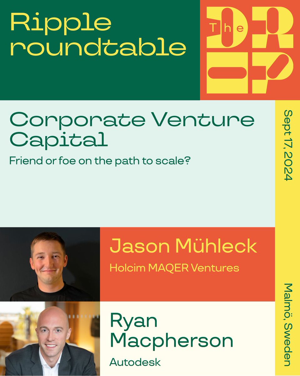 ⚖️ Join us for "Corporate Venture Capital: Friend or foe on the path to scale?"
Run by: Jason Mühleck, Holcim MAQER Ventures &amp; Ryan Macpherson, Autodesk 

🔗thedropconf.com/agenda