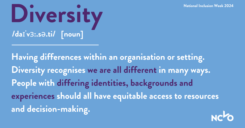 NCVO's tweet photo. Learn more about equality, diversity and inclusion this #NationalInclusionWeek.

Unsure where to start with improving your organisations’ approach? Our guidance explains some key terms, why voluntary organisations should act and where to get further guidance.

Find out more👇