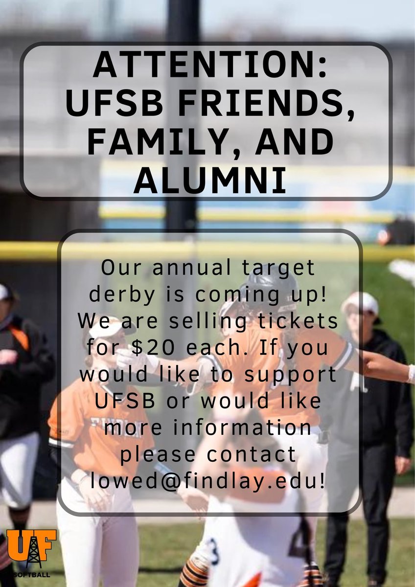 Findlay Softball (@ufoilersoftball) on Twitter photo Fall Season = Target Derby Season
Our annual target derby is coming up and we are selling tickets for $20 a piece! Please contact lowed@findlay.edu if you are interested or wanting more information! Fall Season = Target Derby Season
Our annual target derby is coming up and we are selling tickets for $20 a piece! Please contact lowed@findlay.edu if you are interested or wanting more information!