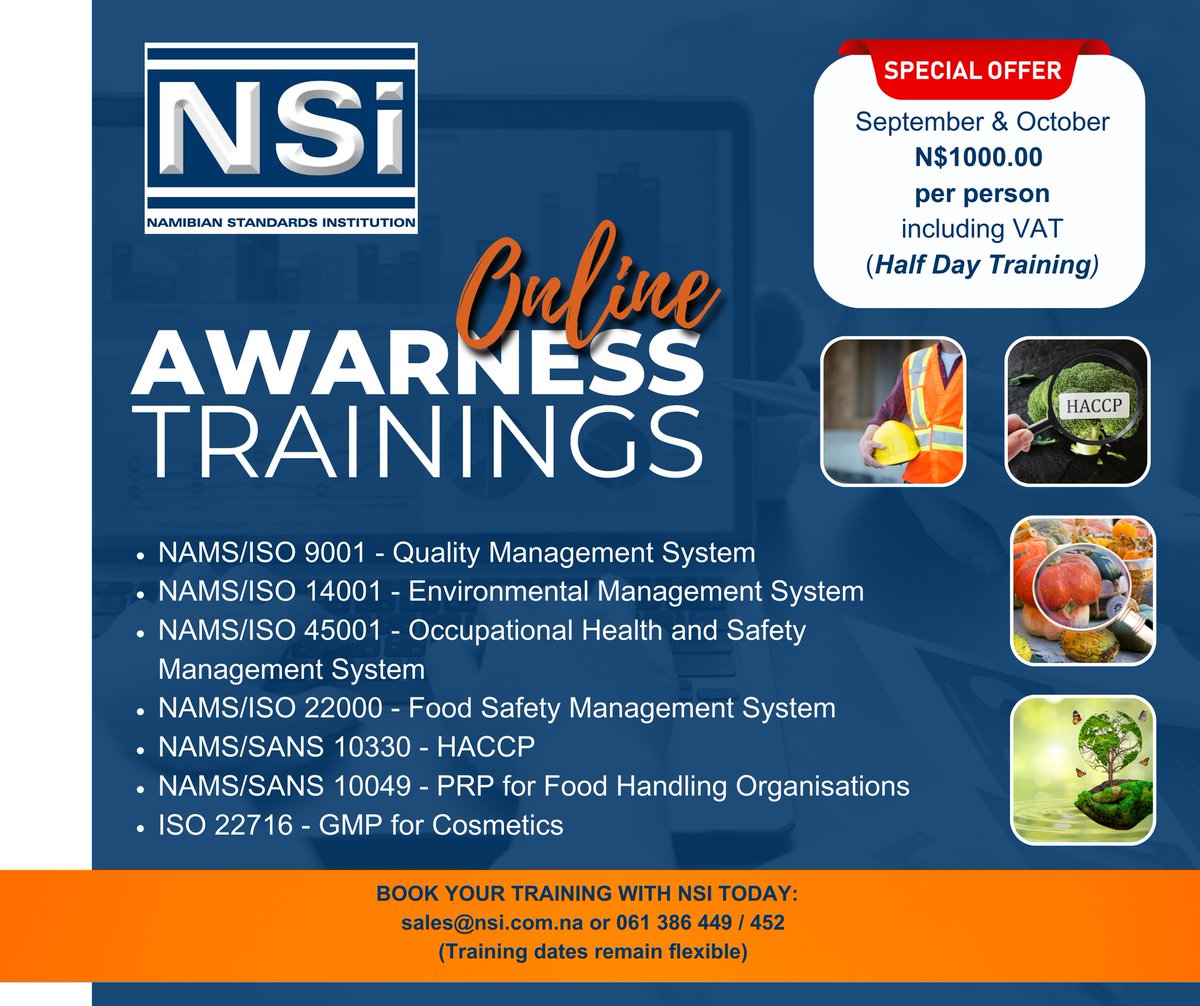 SPECIAL OFFER: September &amp; October 2024
Get a half day awareness training for only N$1000 per person including VAT. 

Contact us at sales@nsi.com.na or 061 386 499 / 452

#StandardsTraining