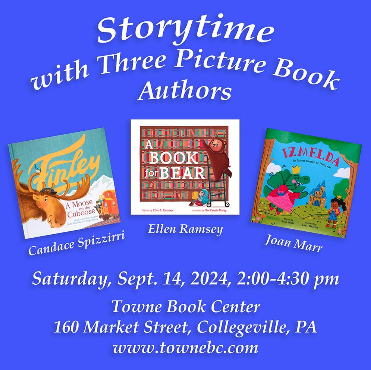 If you like DRAGONS, MOOSE, and BEARS, I have fantastic news!

Tomorrow, Sat 9/14, <a href="/TowneBookCenter/">Towne Book Center</a> will be hosting me, <a href="/EllenLRamsey1/">Ellen L. Ramsey</a> and <a href="/CCSpizzirri1/">Candace Spizzirri 📚FINLEY: A MOOSE ON THE CABOOSE</a> for a book signing from 2 - 4:30. Come stop by!!

#picturebooks 
#IzmeldaTheDragon 
#AMooseOnTheCaboose 
#ABookForBear