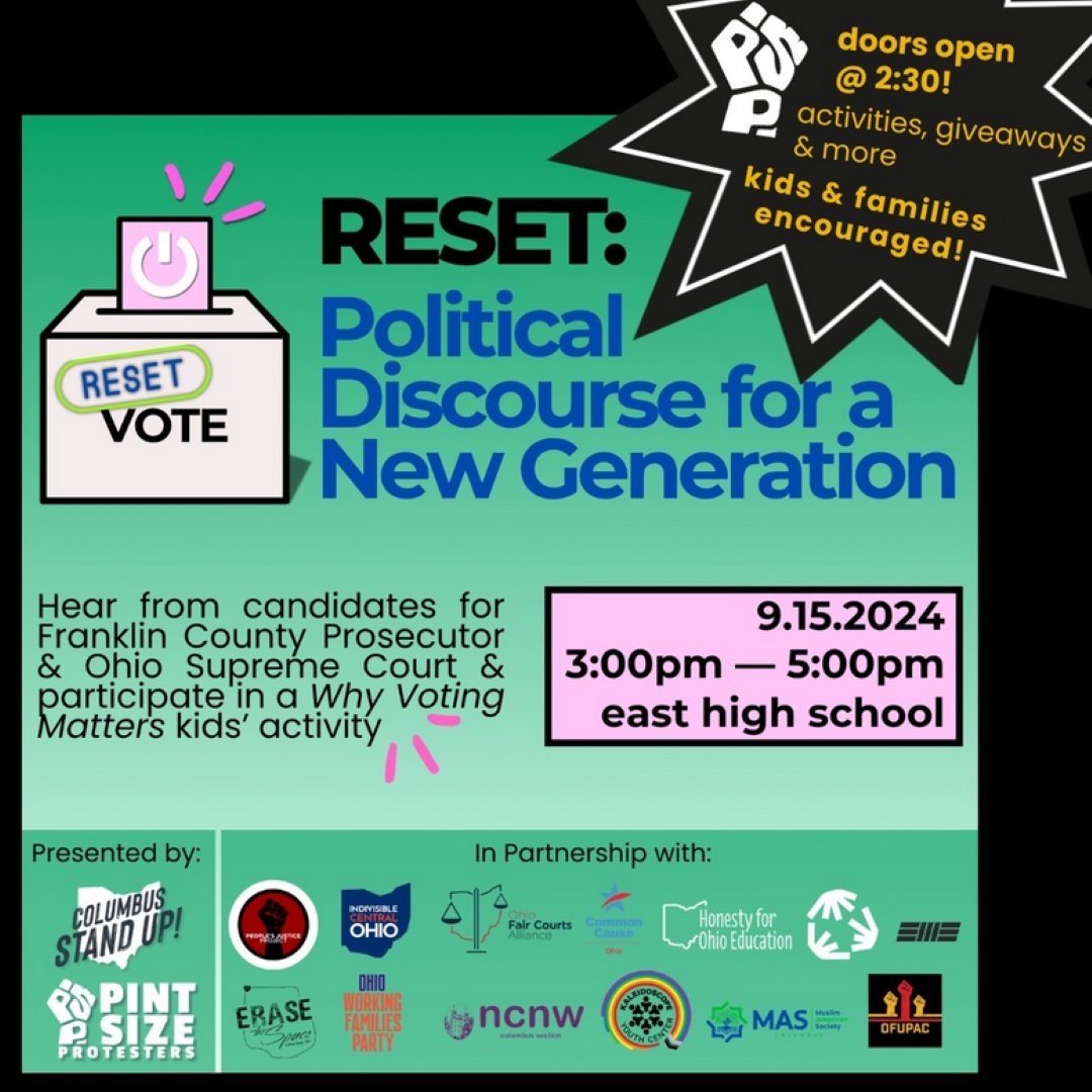 📢 THIS SUNDAY, 9/15/24! Join us for a dynamic candidate forum ft. candidates running for Ohio Supreme Court &amp; Franklin Co Prosecutor.  

✳️ Kids &amp; families are encouraged to attend!

📍 East High School, 1500 E Broad St, Columbus, OH   

📲 Register: bit.ly/Resetevent