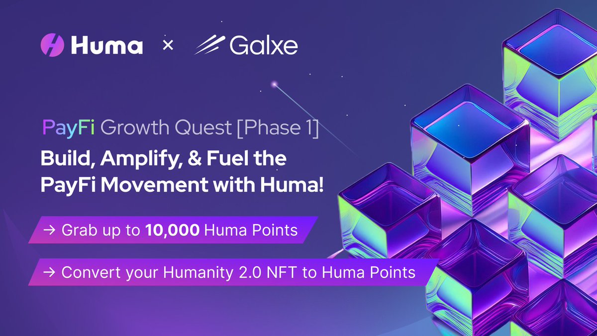 Huma Finance 🟣 (@humafinance) on Twitter photo To celebrate our $38M funding, we’ve launched our biggest campaign yet on <a href="/GalxeQuest/">Galxe Quest</a>! 🎉
✅ Complete tasks to earn up to 10,000 Huma Points
🎇Plus, a surprise bonus for our genesis community, if you hold the Humanity 2.0 NFT
Join the quest today! 👉 app.galxe.com/quest/huma/GC4… To celebrate our $38M funding, we’ve launched our biggest campaign yet on <a href="/GalxeQuest/">Galxe Quest</a>! 🎉
✅ Complete tasks to earn up to 10,000 Huma Points
🎇Plus, a surprise bonus for our genesis community, if you hold the Humanity 2.0 NFT
Join the quest today! 👉 app.galxe.com/quest/huma/GC4…