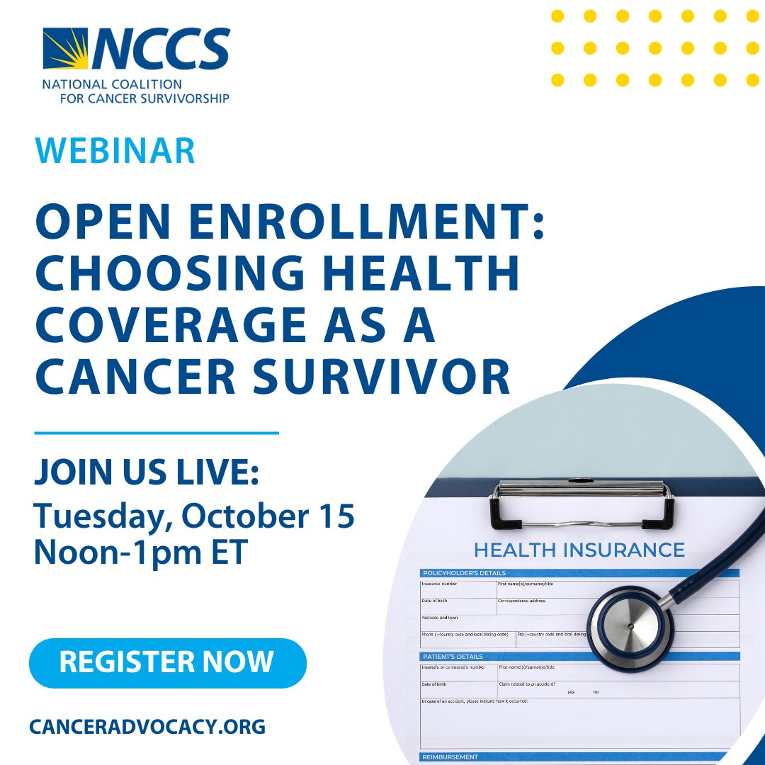 CancerAdvocacy's tweet photo. Webinar: Open enrollment season is coming! Join us Tues, Oct 15th at 12PM ET to learn about what cancer survivors should consider in assessing their insurance coverage so you can select the best plan for you. 
Register Now: https://t.co/SP7NcpyrLA
#OpenEnrollment #HealthInsurance https://t.co/GL5RhG6ZiK