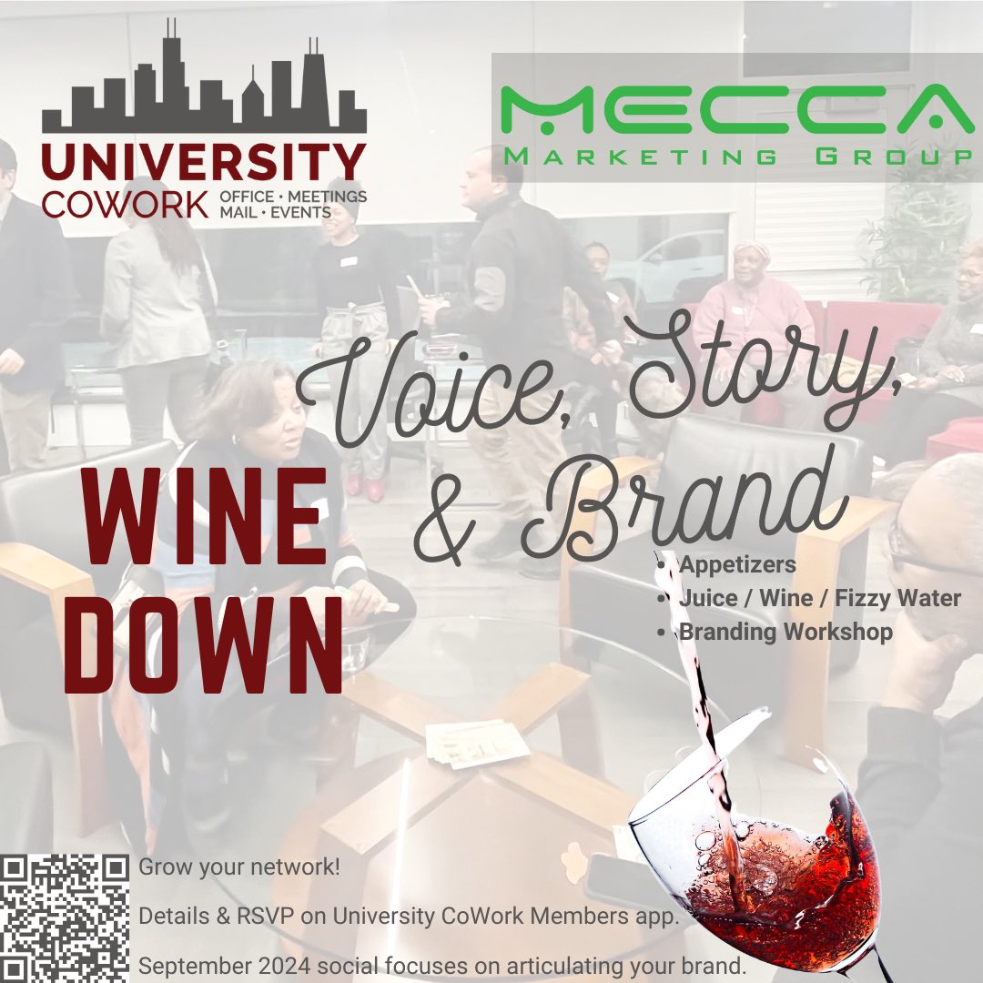 University CoWork Virtual Accelerator (@universitycw) on Twitter photo Excited about our September 2024 Wine Down: Voice, Story, & Brand π£ππ social event!
It will feature <a href="/UniversityCW/">University CoWork Virtual Accelerator</a> member Lenora Blackamore of Mecca Marketing.
Come enjoy food, drinks, great connections, & branding workshop!
blog.UniversityCoWork.com/en/winedown202β¦
#ChicagoBusiness #chibiz Excited about our September 2024 Wine Down: Voice, Story, & Brand π£ππ social event!
It will feature <a href="/UniversityCW/">University CoWork Virtual Accelerator</a> member Lenora Blackamore of Mecca Marketing.
Come enjoy food, drinks, great connections, & branding workshop!
blog.UniversityCoWork.com/en/winedown202β¦
#ChicagoBusiness #chibiz