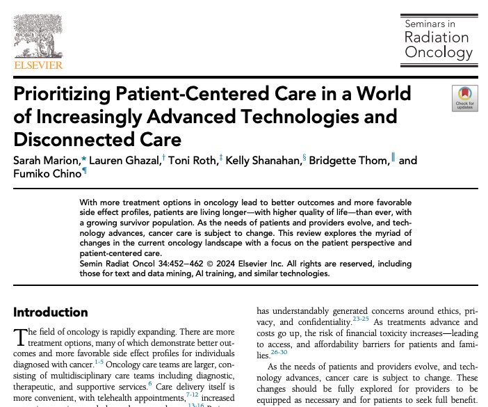"This review explores the myriad of changes in the current oncology landscape with a focus on the patient perspective &amp; patient-centered care."

Proud of this new 📑 from a multidisciplinary team (#radonc #medphys #nursing #socialwork #patientAdvocates)

➡️authors.elsevier.com/a/1jlSR3lXQoYD…