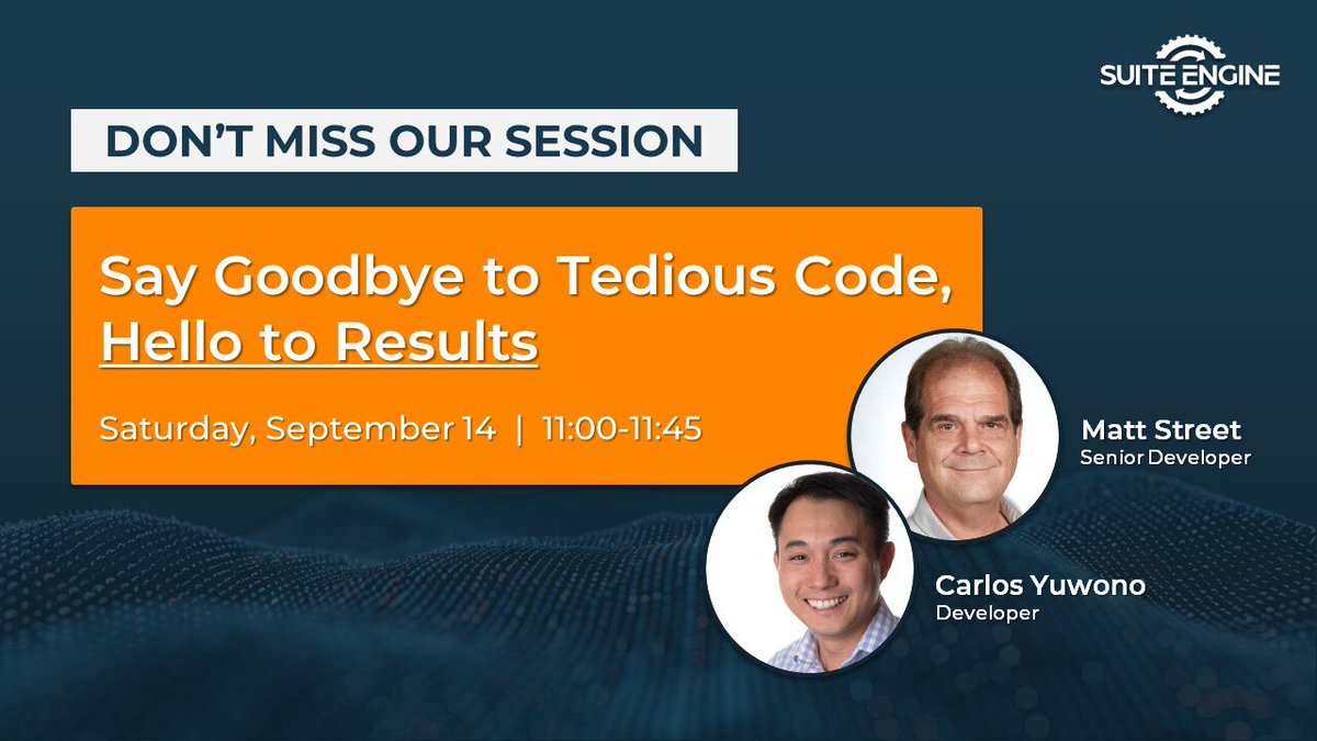 SuiteEngine's tweet image. Don&apos;t forget to attend our session at #Directions #DaysofKnowledge. Learn how you can say GOODBYE 👋 to tedious #code and HELLO 🎉 to results with Suite Engine&apos;s API Engine.