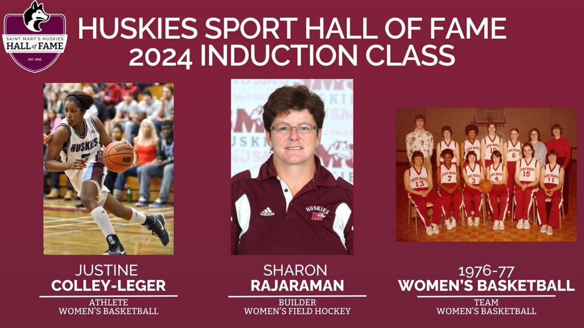 Saint Mary's is pleased to announce the return of our Huskies Sport Hall of Fame.

The Hall of Fame Class of 2024 includes basketball player Justine Colley-Leger, field hockey coach Sharon Rajaraman, and the 1976-77 Women's Basketball team.

Full Story: smuhuskies.ca/general/2024-2…