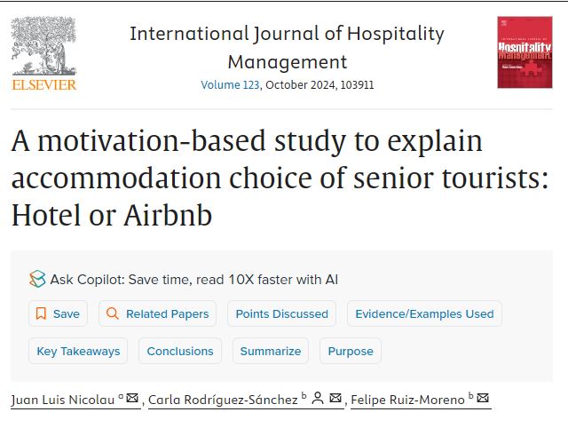Carla Rodriguez-Sanchez (@carlarod_ua) on Twitter photo 📢 Happy to share our latest research with J.L. Nicolau & <a href="/feliperuizmo/">felipe ruiz moreno</a>!
We introduce the new “differential fulfillment paradigm”, showing how hotels & Airbnb fulfill the same motivations in different ways.
#Hotels #Airbnb #tourismresearch #seniortourists #hospitality 📢 Happy to share our latest research with J.L. Nicolau & <a href="/feliperuizmo/">felipe ruiz moreno</a>!
We introduce the new “differential fulfillment paradigm”, showing how hotels & Airbnb fulfill the same motivations in different ways.
#Hotels #Airbnb #tourismresearch #seniortourists #hospitality