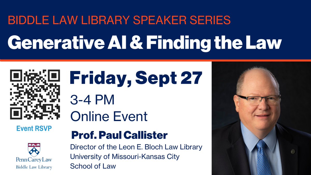 Biddle Law Library’s Speaker Series kicks off with Prof. Paul Callister speaking on his forthcoming paper, “Generative AI and Finding the Law.” bit.ly/3Xsd9ot, Sept 27 at 3 PM EDT (Online) . Register today! bit.ly/4gs98ZR #pennlaw #penncareylaw #lawschool #AI