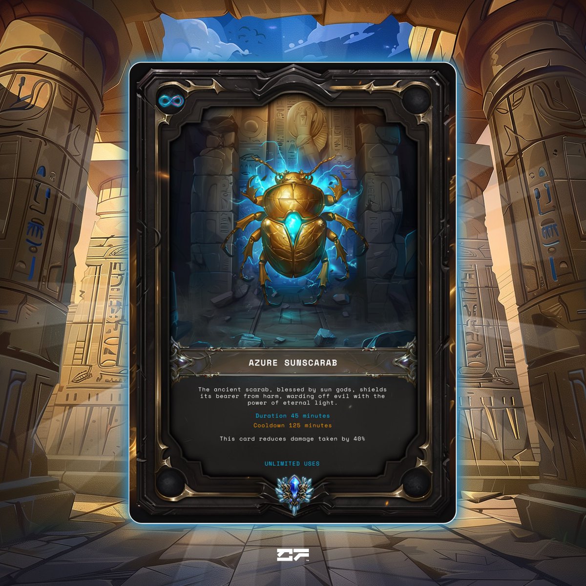 Formed from golden light and deep azure, this scarab wraps its bearer in a protective aura.

//AZURE SUNSCARAB
//Rare Infinity booster

Like, Repost, &amp; Drop your wallet to receive this card when the game launches ⚔️