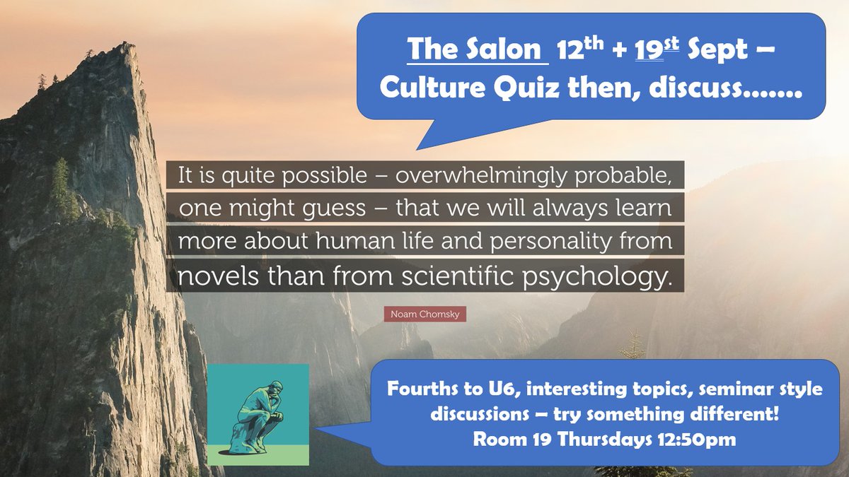 Great first session at the Salon yesterday - really good to see U6th and Fourths working together. Well done to Yinnis and Zach on winning the first Culture Quiz! Chomsky discussions coming next week.....