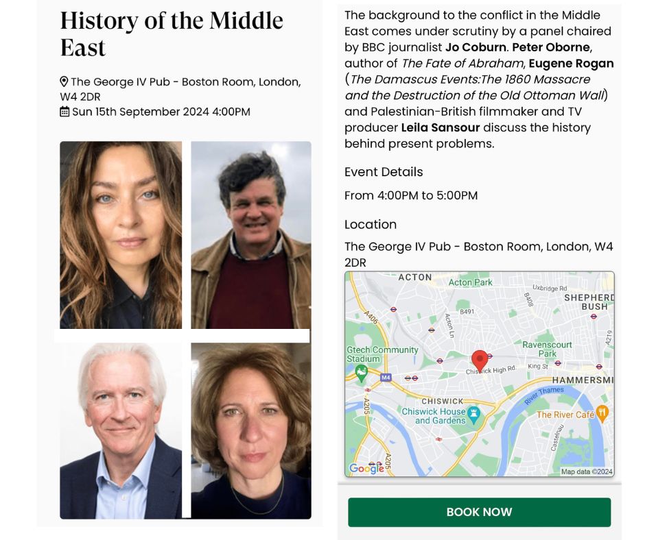 Leilasansour's tweet image. Join me on Sunday 15 September at the Chiswick Book Festival (4:00PM to 5:00PM) for a panel discussion on
History of the Middle East
To Book go to bit.ly/3B1m7Br