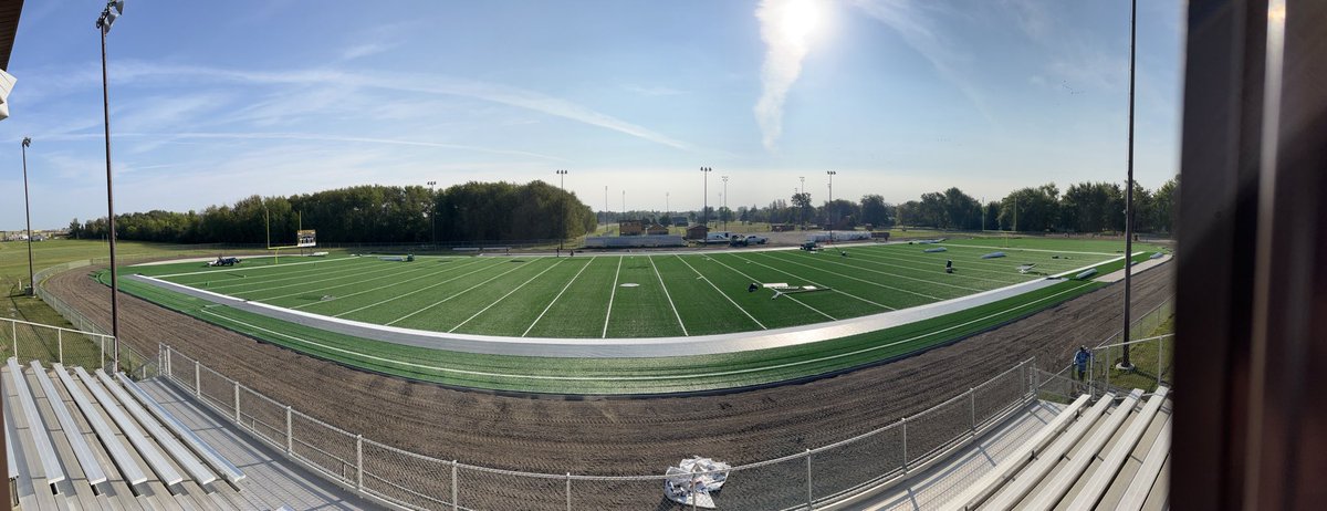 TerrySadler1's tweet photo. Warroad FB field turf project coming along. Hopefully logo will be cut in tomorrow. ⁦@MSHSLjohn⁩ ⁦@MSHSL⁩ ⁦@mshsca⁩ https://t.co/XTD1a0IcZv