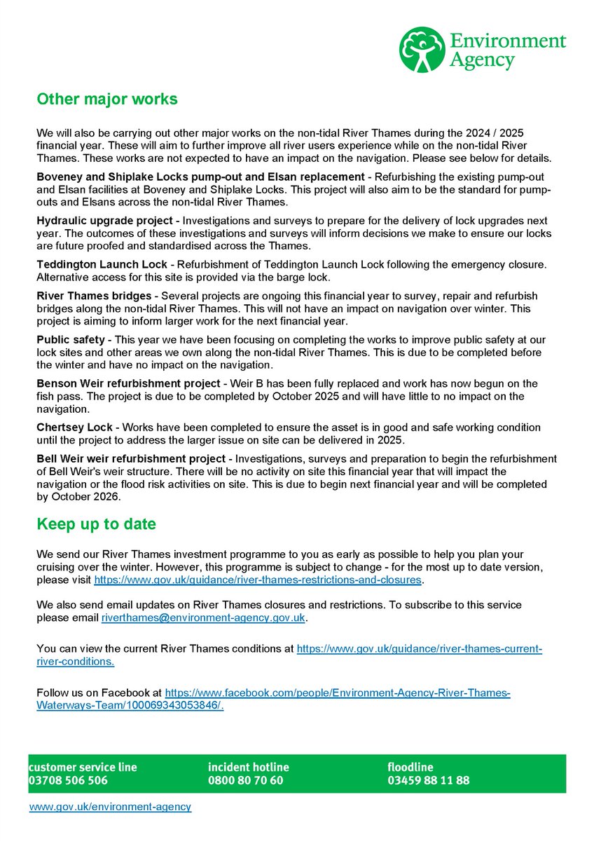 The #Environment Agency is investing up to £10 million as part of its annual programme of essential works to repair key navigation structures along the non -tidal Thames .Updates for closures can be found on the .Gov uk web site .⁦⁦<a href="/EnvAgencySE/">Environment AgencySE</a>⁩