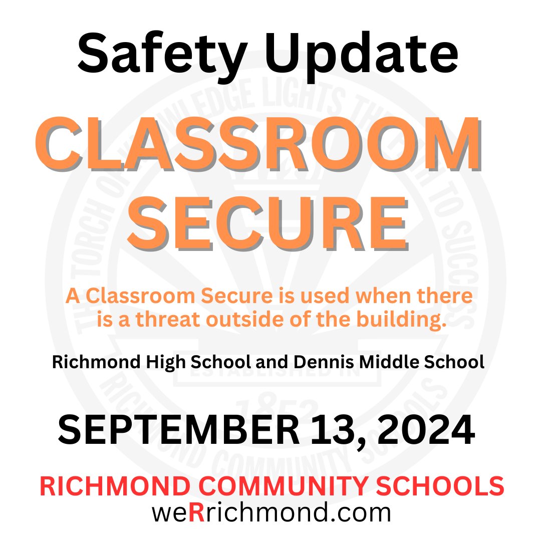 wearrrichmond's tweet photo. 11:00 a.m. - RCS has received info regarding a social media post that is currently under investigation by RCSPD &amp; local agencies.  Dennis &amp; RHS are in Classroom Secure. Parents are discouraged from visiting our schools &amp; signing their students out.  All students/staff are safe. https://t.co/ImlwCfx0Me