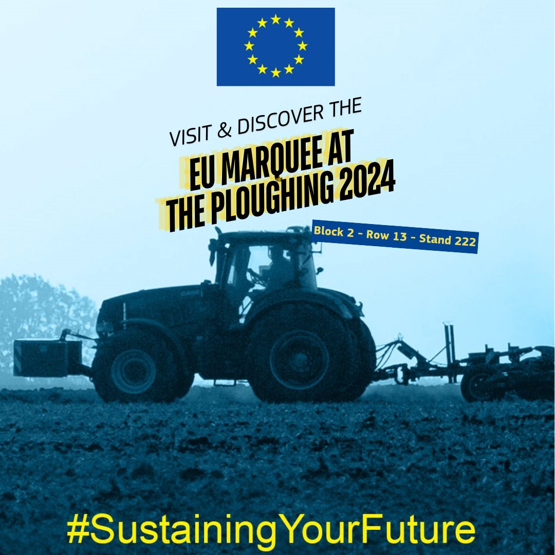 Will you be at the #Ploughing2024 ? Visit the EU tent!
 
We've got lots of information on the role of the EU in our daily lives, protection of traditional 🇮🇪🇪🇺 foods and a tractor race 🕹️🚜!

🚶‍♀️🚶‍♂️Stand 222, Row 13, Block 2
#SustainingYourFuture