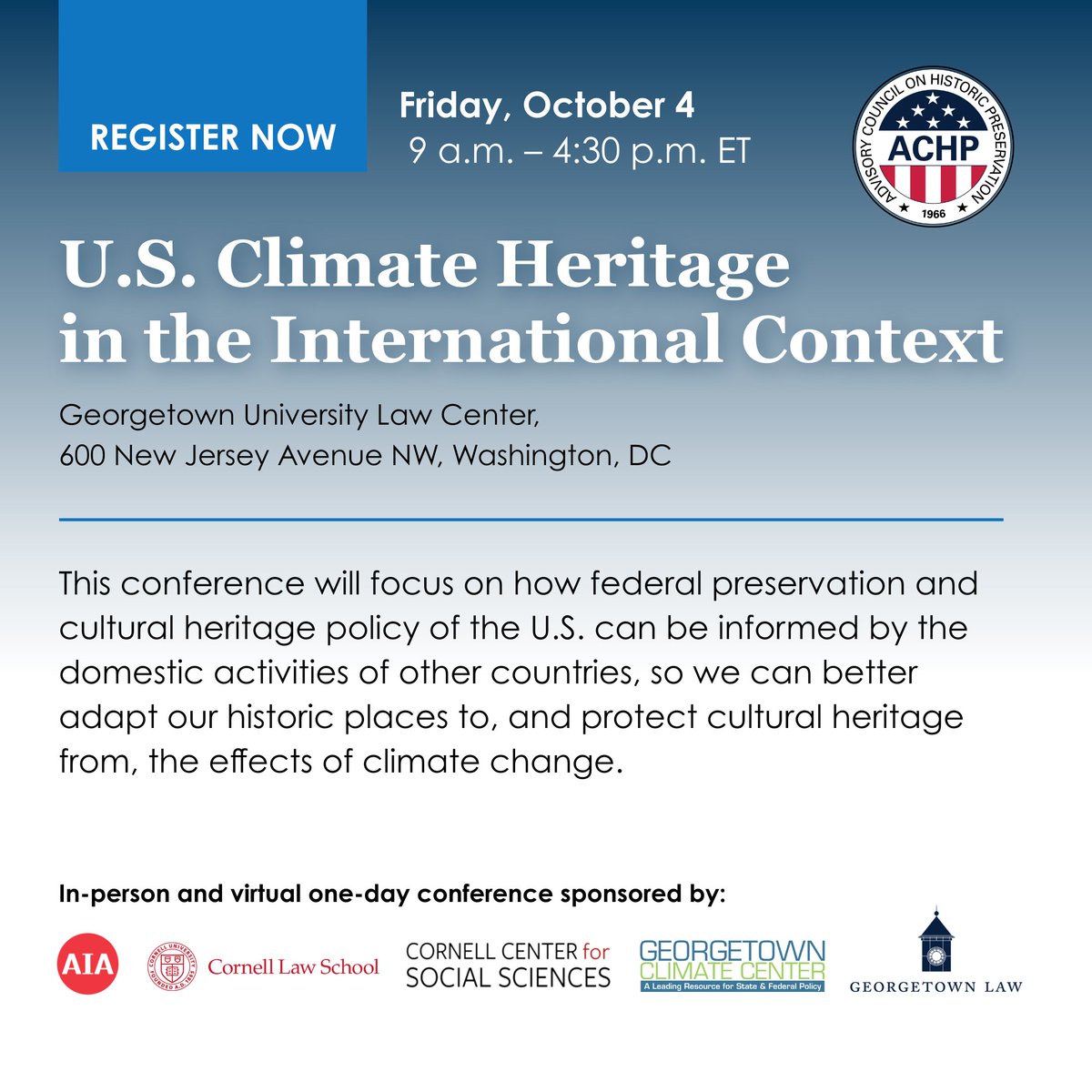 Advisory Council on Historic Preservation (@usachp) on Twitter photo Register now for U.S. Climate Heritage in the International Context, a one-day conference taking place Friday, October 4 at Georgetown Law Center in Washington, D.C. The conference is sponsored by the ACHP, Georgetown <a href="/Climate_Center/">Georgetown Climate Center</a>, & others achp.gov/initiatives/su… Register now for U.S. Climate Heritage in the International Context, a one-day conference taking place Friday, October 4 at Georgetown Law Center in Washington, D.C. The conference is sponsored by the ACHP, Georgetown <a href="/Climate_Center/">Georgetown Climate Center</a>, & others achp.gov/initiatives/su…