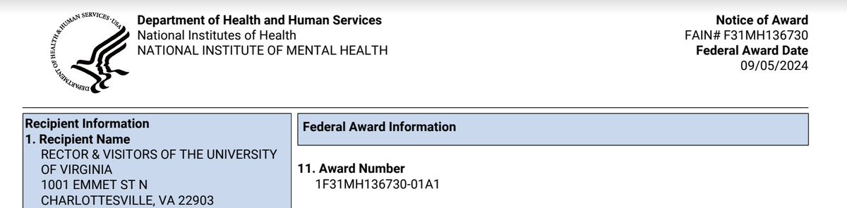 Beyond thrilled to have been rewarded an #F31 from #NIMH! 

My F31 aims to formalize a psychosocial theory of loneliness using agent-based modeling and differential equation modeling. 

Huge thanks to my mentors, collaborators, family, and friends!